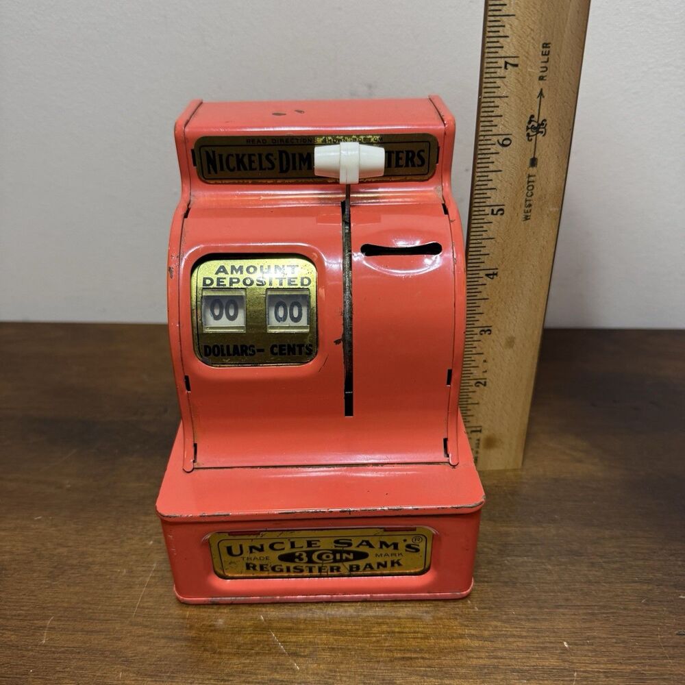 Vintage Uncle Sam’s 3 Coin Red Orange Metal Counting Register Bank - Works ! - Picture 11 of 11